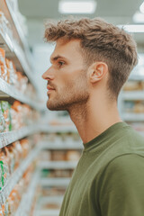 A young man is thoughtfully examining products on grocery store shelf, showcasing moment of contemplation and focus. His profile highlights his stylish haircut and casual attire