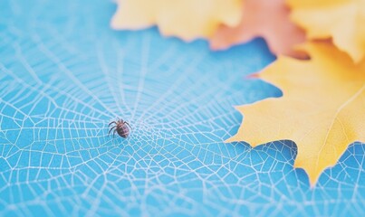 Canvas Print - Intricate Autumn Web Detailed Macro of Spider Craftsmanship Among Vibrant Fall Leaves