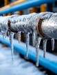 © Theraphol - Frozen pipe with icicles, industrial setting, blue railing in background.