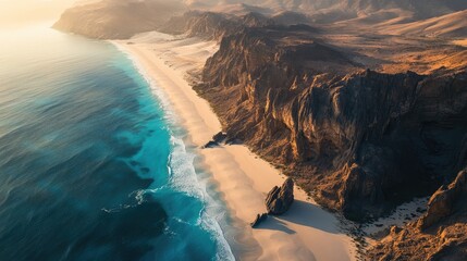 A breathtaking aerial view of Socotra Island, showcasing its unique landscape with dramatic cliffs, sandy beaches, and diverse vegetation. No people included.