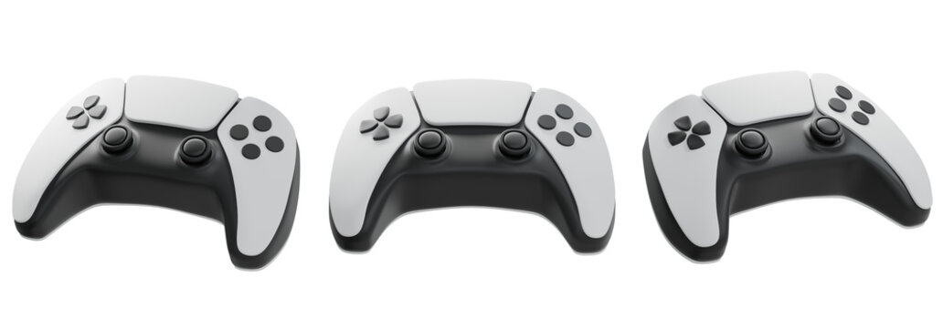 Game controller in different angles. Video games and e-sports. Play games with a remote controller. 3D rendering Gamepad.	