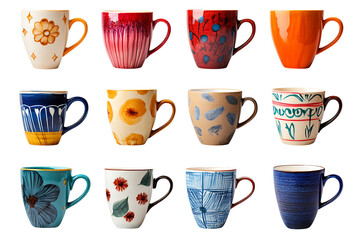 Set of colorful coffee mugs, isolated on a transparent background.