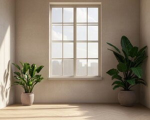 A minimalist room featuring two indoor plants near a bright window, creating a serene and inviting atmosphere.