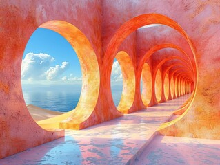 A surreal corridor with circular openings revealing a serene ocean view and bright sky.