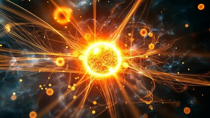 Wall Mural - a bright orange orb emits energy, surrounded by glowing strands and particles against a dark backdro