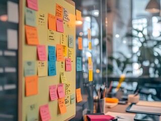 A vibrant workspace featuring colorful sticky notes on a bulletin board, ideal for brainstorming and planning in a creative environment.