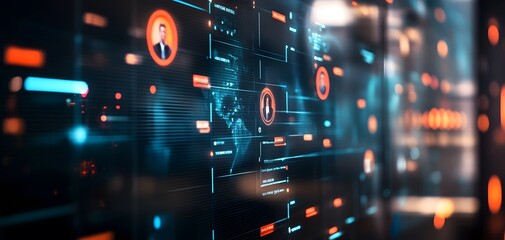 Futuristic digital interface displaying data connections and user profiles, embodying advanced technology and innovation.