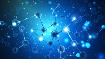 Poster - A vibrant, abstract representation of molecular structures with glowing particles on a blue background, illustrating concepts of chemistry and science.