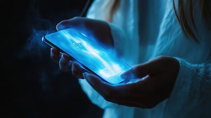 Woman s Hands Holding Smartphone With Glowing Blue Screen