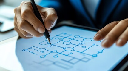 Close-up of a hand using a stylus to design a digital diagram on a tablet, representing modern technology and innovation in software development.