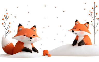 Two cartoon foxes relax in a snowy landscape, surrounded by trees and softly falling snowflakes, creating a whimsical winter scene.