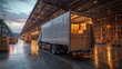 © Рудой Максим - A truck unloading cargo at a distribution center during twilight hours, showcasing organized pallets and modern logistics