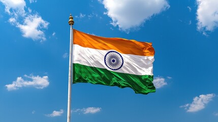 Indian National Flag Waving Against Blue Sky