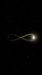 Sticker - golden infinity symbol with flickering light loop rotation on vertical background.
