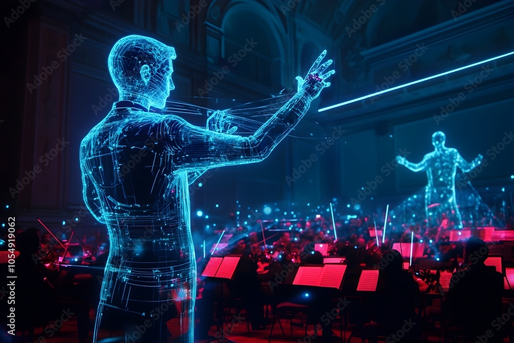 Holographic Conductor Captivating Futuristic Digital Orchestra in Neon ...
