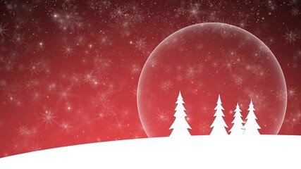 Wall Mural - magic red new years decoration with snow landscape and trees copy space looped background.