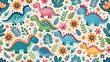 © Latsamee - Whimsical seamless pattern with cute dinosaurs and flowers