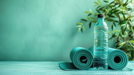 A smooth mint green background with fitness gear, including a yoga mat and water bottle, symbolizing wellness and an active lifestyle