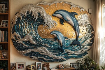 Wall Mural - Dolphin mosaic wall art with ocean waves and sparkling details in home decor