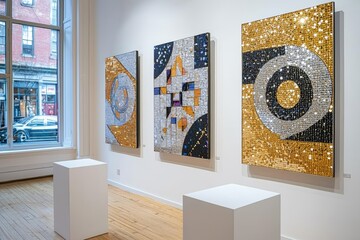 Contemporary art gallery exhibit with geometric mosaic paintings on display