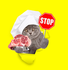Aufkleber - Cute kitten wearing chef's hat holding bowl of raw meat, looking through the hole in yellow paper and showing thumbs up gesture