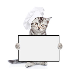 Poster - Cat wearing chef's hat holds blank white banner. isolated on white background