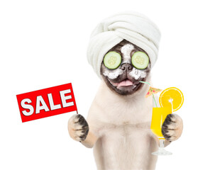 Fototapete - Funny Mastiff puppy with towel on his head and pieces of cucumber on his eyes and cream on it face holding watermelon cocktail and signboard with labeled 
