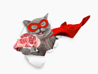 Aufkleber - Happy kitten wearing superhero costume looking through the hole in white paper and holding bowl of raw meat