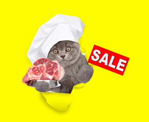Poster - Cute kitten wearing chef's hat holding bowl of raw meat and looking through the hole in yellow paper and holding signboard with labeled 