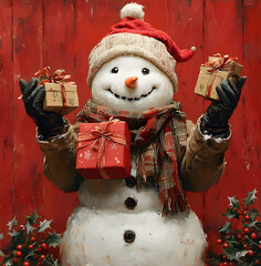 Wall Mural - A snowman wearing festive , holding presents in his hands and smiling happily, with a red background, holly leaves decorating the ground, surrounded by Christmas decorations, in warm tone