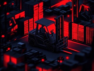 Futuristic Warehouse Scene with Forklift and Stacked Boxes in Neon Light Environment