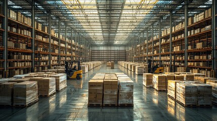 Warehouse interior with neatly stacked boxes and forklifts moving in the afternoon light, showcasing efficient storage and organization