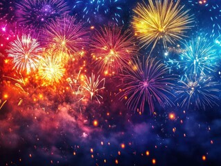 Fireworks show exploding in vibrant colors over a large outdoor New Year Eve crowd