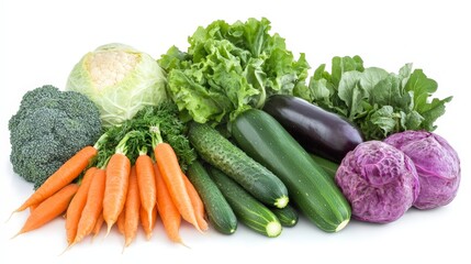 A vibrant display of biodynamic vegetables like carrots, cabbage, and zucchini, harvested from a farm using natural rhythms, isolated on a white background