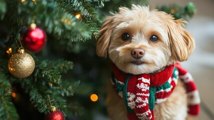 Pet-friendly holidays with a dog wearing a festive scarf, sitting by a decorated tree