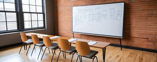 Business survival tactics in action, meeting room with whiteboard covered in strategies, empty chairs, clean lines, clear lighting, neutral colors, optimistic setup