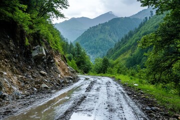 Scenic mountain road post landslide  a cautionary view of nature s power and beauty