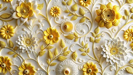 white and gold wallpaper with yellow flowers