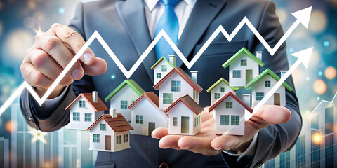 Houses model with percentage symbols and upward arrows, 3d, wallpaper, representing an increase in housing market rates, surrounded by hands, background