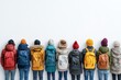 © Odin AI - A row of backpackers in colorful winter attire stand with their backs to the camera, facing a blank white wall, showcasing unity and curiosity about the unknown.