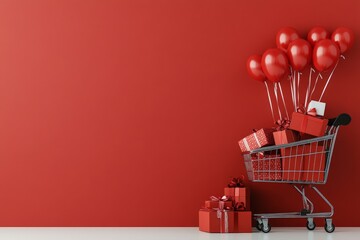 A minimalistic image featuring a shopping cart filled with beautifully wrapped red gifts and red balloons set against a striking red backdrop, symbolizing festive themes.