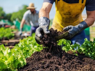 Wall Mural - organic farmers using compost tea to naturally fertilize their crops, increasing soil health and pla