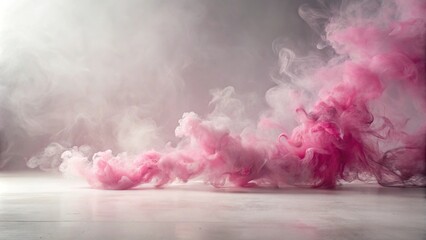 Wall Mural - White background with pink smoke floating above a white floor aerial view