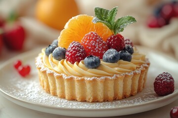 small fruit tarts with yellow cream and berries on top - food photography