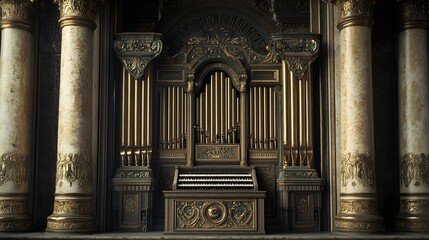 Majestic Ancient Greek Water Organ with Intricate Bronze Pipes and Ornate Ivory Detailing