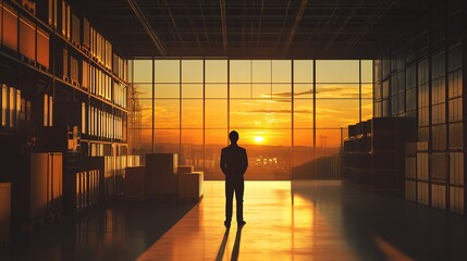 Silhouette of a person in a modern office with a cityscape view during sunset, reflecting on the glass surfaces.