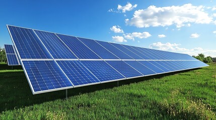 Solar panels in a green field under a bright blue sky, showcasing renewable energy and sustainable technology.