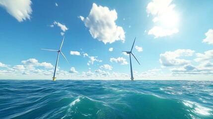 Two offshore wind turbines with clear blue skies and fluffy clouds, representing renewable energy and clean technology in a serene ocean setting.