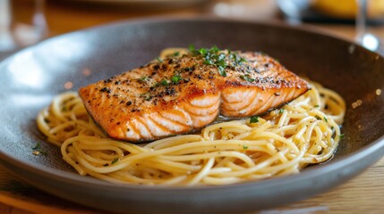 A beautifully plated dish of pasta with a generous portion of salmon, seasoned