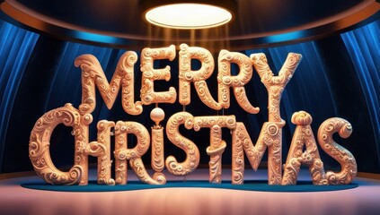 Merry Christmas message in gold decorative letters on a theatrical stage with dramatic blue curtains. A spotlight shines from above, creating a magical Christmas greeting card background